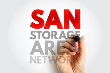 SAN STORage AREA NETWORK metin ile bir el yazısı işaretleyici, işletme depolama sistemi, veri ağı ve bağlı sunucu teknolojisi iş için altyapısı temsil