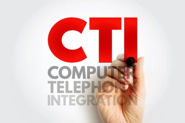 CTI TELEFONY TELEFONY İŞARETİ Bir el işareti tutan metin konsepti. Teknoloji kısaltması iş yazılımında bilgisayarlar ve telefon sistemleri arasındaki bağlantıyı gösteren illüstrasyon