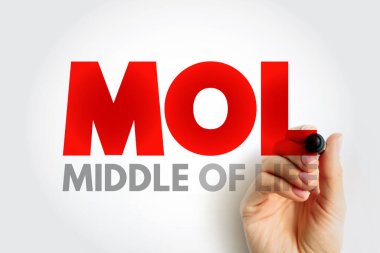 MOL Yaşamın Ortası kısaltması, el yazısıyla bir kalemle yazılmış. Orta yaş sahnesini, yansımayı, dengeyi ve kişisel gelişimi temsil eden psikoloji ve yaşam tarzı kavramı