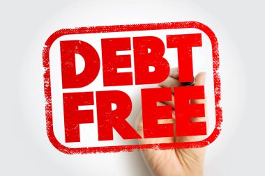 El yazısı damgalı DEBT metni, mali özgürlük, tasarruf, bütçe, başarı ve ekonomik bağımsızlık için konsept resmi, izole edilmiş geçmiş