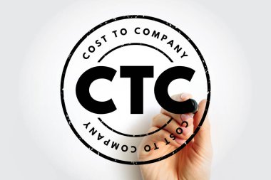 Cost To Company 'nin yuvarlak bir çerçevede ifade edişini gösteren işaretleyici ile CTC metin damgası, dokulu kenarları ile cesur bir telafi etiketi oluşturur ve istihdam maliyet göstergesine temiz bir şekilde odaklanır