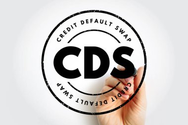 CDS CREDIT DEFAULT SWAP damgası kalın dairesel çerçevede işaretleyici kullanılarak, risk kapsamı ve pazar referansları için desenli bir amblem biçiminde borç ile ilgili mali akronyumu vurguluyor