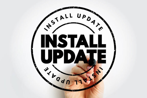 INSTALL UPDATE circular badge graphic with prominent update text and a hand creating the stamp using a marker, ideal for software themes, system maintenance visuals, technical processes, and digital improvement communication elements