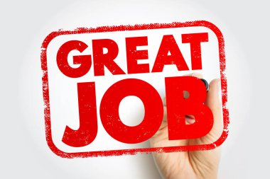 Harika bir iş çıkardınız. Kederli dokusu olan kırmızı dikdörtgen bir damga ve metnin arkasında işaret tutan bir el. Tanımlama mesajları için mükemmel, çalışanların takdiri, pozitif pekiştirme ve motivasyonel iletişim için mükemmel.