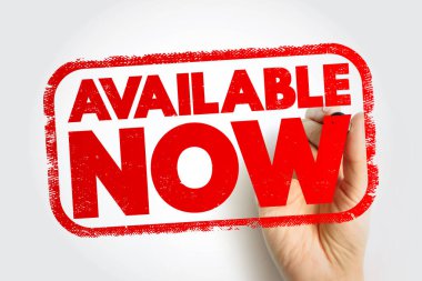 AVAILABLE şimdi kalın bir pul harfiyle sergileniyor bir el işareti ile, ürüne hazır olduğunu gösteren, anlık erişim, fırlatma zamanlaması, promosyon ve duyuru kavramları