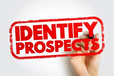 IDENTIFY PROSPECTS açık ve dikkat odaklı tasarım ile potansiyel ipuçlarını, fırsatları veya gelecekteki müşterileri belirleme temasını tasvir eden, bir el işareti ile kalın bir pul stili gösterilir