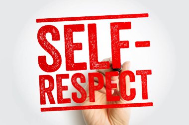 SELF-RESPECT Koyu kırmızı damga stili metin bir el olarak gösterilen sözcüğü yazar, itibar, güven, kişisel sınırlar, özsaygı ve güçlü motivasyonel görsel düzende iç güç vurgulanır