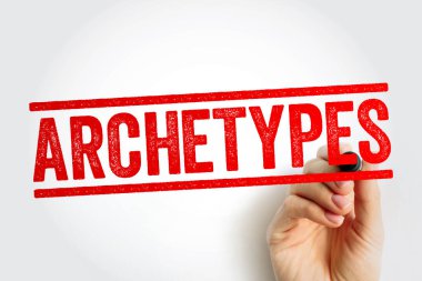 Bir el olarak gösterilen koyu kırmızı pul biçimi terimi, evrensel desenleri, anlatı rollerini, kişilik çerçevelerini ve konsept odaklı görsel düzende sembolik yapıları ifade ederek yazar.