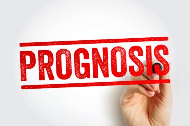 PROGNOSIS, elinde bir işaretle kalın kırmızı damga harfleriyle sergilendi, tıbbi tahminleri, beklenen sonuçları, sağlık tahminlerini, tanı kavrayışını ve uzun vadeli tedavi görünümünü sembolize ediyor