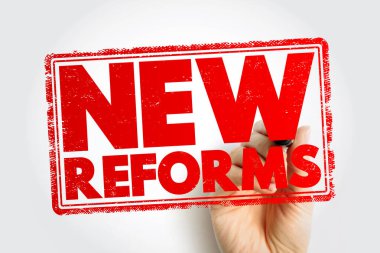 YENİ REforms metni büyük pul tarzında gösterildi, bir el işareti ile, politika değişikliklerini, hükümet değişikliklerini, yapısal güncellemeleri, iş ayarlamalarını ve modern kalkınma girişimlerini temsil ediyor
