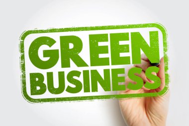 GREEN BUSINESS kalın bir eko-temalı pul metin olarak görünür bir el bir kalem tutan. Görüntü sürdürülebilirlik, çevresel sorumluluk ve kurumsal ve pazarlama kullanımları için çevre dostu girişimler sunar.