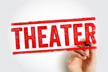 Tiyatro metni, sanatsal ortamlarda sahne sanatları, sahne gösterileri, oyunculuk, yaratıcılık, eğlence ve kültürel etkinliklerin vurgulandığı bir el işareti ile kalın bir pul tarzında sunulmuştur.