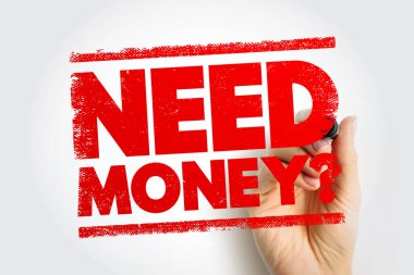 Paraya mı ihtiyacın var? Pul mektuplarında, net bir iş veya kişisel finans temalı mesajda finansal aciliyet ve kişisel gelir motivasyonunu gösteren bir işaret kullanan bir el ile gösterilir.