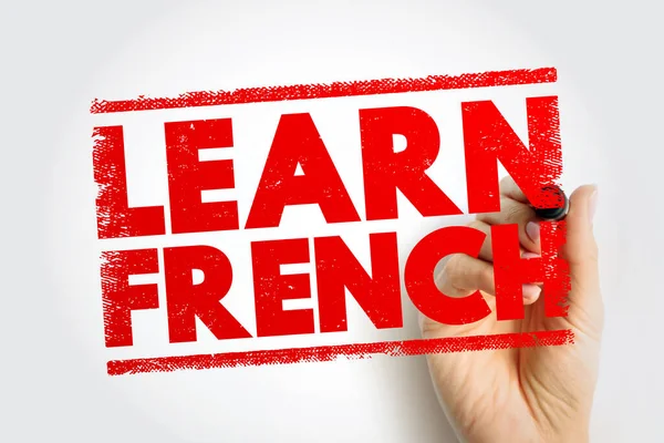 LeARN FRENCH kalın kırmızı pul stili bir metinde bir el işareti tutarak, dil çalışmasını, eğitimi ve beceri geliştirme motivasyonunu ifade ederek sergilendi