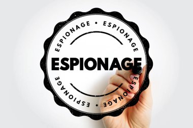 Cesur merkezi metin ve tekrarlanan halka harfleri içeren, gizemli temalar, istihbarat grafikleri, gizli markalaşma ve anlatı tasarım projeleri için uygun dairesel bir sıkıntı amblemi içeren bir el yazısı ile ESPIONage damgası