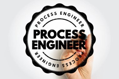 Bir PROCESS ENGINEER amblemi kalın başlıklı metin ve sınır etrafında dairesel ifadeler, bir el işareti tutarken gösterilir. Endüstriyel mühendislik rolü sıkıntılı bir profesyonel rozet tarzıyla resmedilmiştir.