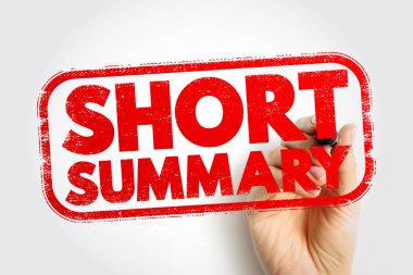 SHORT SUMMARY stamp held by a hand, conveying a concise overview concept in a textured stamp design, ideal for presenting brief outlines, quick insights, or essential condensed information