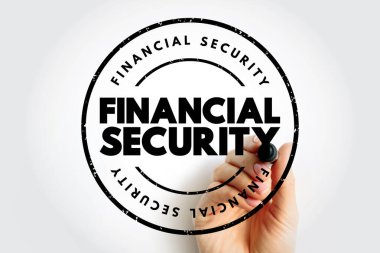 Elle tutulan mali güvenlik damgası, iş koruma, tasarruf stratejisi ve yatırım güven kullanımı için temiz arka planda izole edilmiş yuvarlak mühür içerisindeki cesur tipografide para güvenliği kavramını gösteriyor