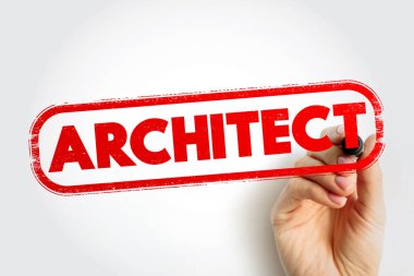 ARCHITECT kırmızı dikdörtgen pul profesyonel tasarım metin el ele tutuşma işareti bina planlama kavramı oluşturur. Kentsel kalkınma, inşaat liderliği, taslak ve yaratıcı endüstri kullanımı için cesur tipografi rozeti