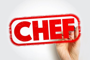 Şeflik mesleği kavramı damgalı ve elinde kalem olan bir etiket olarak gösteriliyor. Mutfak becerileri, mutfak liderliği, yemek hazırlama, restoran servisi, aşçılık uzmanlığı ve gastronomi sektörü teması