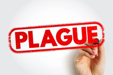 Bir elde tutulan veba damgası, salgınlara, enfeksiyon risklerine, önleme mesajlarına ve kamu güvenliğine odaklı sağlık projeleri için uygun, farkındalık kullanımları ve editoryal konular için hastalık temalarını sembolize etmektedir