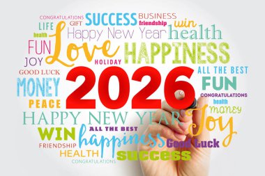 2026 kalın kırmızı ile çevrili neşeli pozitif kelimeler içinde aşk, mutluluk, başarı, neşe, eğlence, para, huzur, kazanma, dostluk, sağlık, tebrikler, tatil, hayat, iyi şans, kutlama,