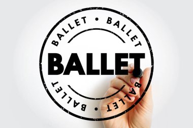 Üzüntülü çember tasarımlı bale damgası ve mührü oluşturan işareti tutan bir el. Temiz modern bir düzende dans, sanat, hareket ve yaratıcı ifadeyi sembolize eden açık ve kalın bir bale metni.