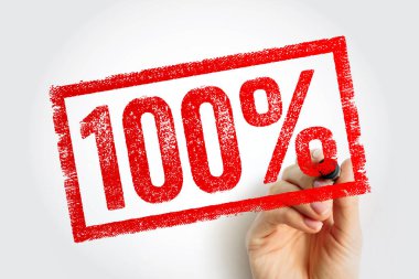 % 100 pul grafiği. Dikdörtgen çerçevenin içinde kalın bir yüzde işareti oluşturan bir el işareti var. Tasarım, temiz bir görsel tarzda tamamlanma, başarı ve güçlü bir doğrulama iletir.