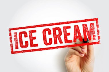 ICE CREAM damgası bir el tarafından tutulan kalın desenli harflerle sergileniyor. Tatlıyı, tatlılığı, tatlılığı, atıştırmalıkları ve markalaşmayı simgeliyor. Temiz bir görsel tarzla.