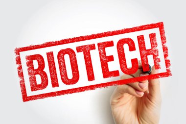 Elle tutulan biyoteknoloji metin damgası, dikdörtgen çerçevede güçlü doku tipografisi, modern bilim endüstrisi konsepti, yenilik güdümlü araştırma alanı, teknoloji ilerlemesi ve yaşam bilimi sektörü sembolü