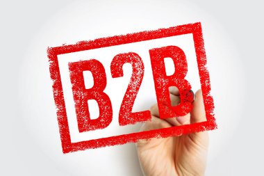 Elle tutulan B2B metin damgası, dikdörtgen çerçevede koyu kırmızı tipografi, işten iş konseptine, şirket ticaret modeli, profesyonel ticaret, toptan alım satım ve girişim odaklı