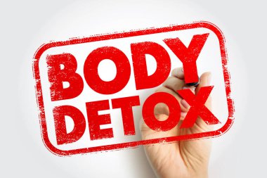 Vücut detoks metin damgası elle tutulur, dikdörtgen çerçevede koyu kırmızı harfler, sağlık ve sağlık konsepti, temizlik programı, yaşam tarzı iyileştirme, beslenme ve refah tanıtım teması