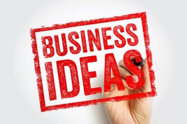 İş fikirleri el yazısı damgası, dikdörtgen çerçeve içinde koyu sıkıntı kırmızı tipografi, girişimcilik yaratıcılık konsepti, başlangıç planlaması, yenilik stratejisi ve fırsat jenerasyonu teması