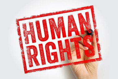 HUMAN RIGHTS stamp with hand holding marker, rectangular advocacy imprint representing equality principles, civil freedoms, social justice values, legal protection and global human dignity awareness