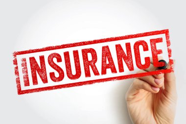 El işaretli INSURANCE damgası, risk korumasını, sigorta kapsamını, mali güvenlik planlamasını ve kişisel veya kurumsal güvence çözümlerini gösteren dikdörtgen finansal baskı