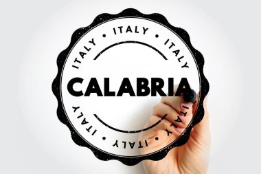 CALABRIA İtalya pulu elle tutulan metin. Güney İtalya bölgesi kavramı, coğrafi kimlik, konum etiketi, seyahat referansı, bölgesel isim işaretleme