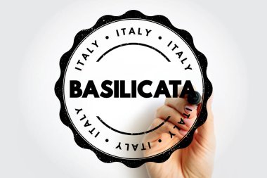 BASILICATA İtalya pul metni elle gösterilir. Bölgesel tanımlama kavramı, İtalyan coğrafyası, konum belirleyici, seyahat hedefi, resmi bölge adı