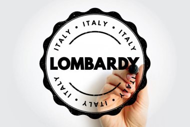 LOMBARDY damgası, dairesel mühür içinde kalın bölge adı, resmi kaynak işareti oluşturan el işareti, İtalyan bölgesel kimlik konsepti sertifika, gerçeklik, kalite kontrolü ve coğrafi etiketleme için