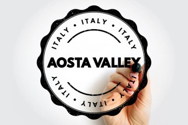 Dairesel mühür içinde cesur bölgesel isim içeren AOSTA VALLEY damgası, resmi kaynak etiketi, İtalyan alp bölgesi orijinallik, sertifika, kaynak ve markalaşma konsepti