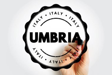 Dairesel mühür içinde cesur bölgesel isme sahip UMBRIA damgası, resmi İtalyan kökenli işaret, sertifika için merkezi İtalya kimlik konsepti, özgünlük, kaynak ve kalite etiketleme