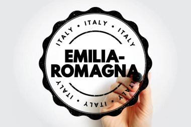 EMILIA-ROMAGNA İtalya seyahat damgası dairesel bölgesel mühür, hedef isim, turizm konseptini vurgulayan el işareti resmi varış damgası olarak İtalyan bölgesini gösteren