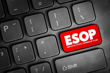 ESOP çalışanı hisse senedi sahiplik planı şirket faydalarını, işgücü yatırımlarını, tazminat yapısını ve uzun vadeli iş katılımını temsil eden bir klavye düğmesinde sergilendi