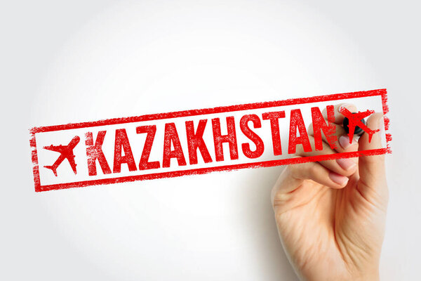 Kazakhstan - is a landlocked country mostly in Central Asia, with a part in Eastern Europe, text emblem stamp with airplane