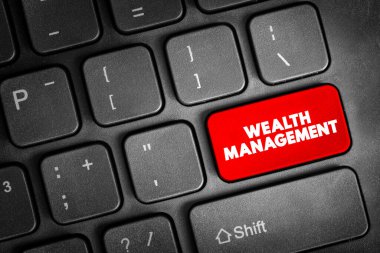 Zenginlik yönetimi finansal planlamayı, varlık denetimini, yatırım stratejisini, risk denetimini, uzun vadeli istikrarı ve profesyonel para karar desteğini temsil eden bir klavye düğmesinde yer aldı