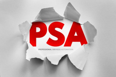 Yırtık kağıt stili, hizmet yönetimini, iş akışlarını, üretkenliği, işlemleri ve kurumsal çözümleri temsil eden iş yazılımı kavramından doğan PSA Profesyonel Hizmetler Otomasyon metni