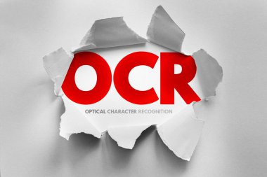 Yırtık kağıt konsepti, metin dijitalleştirmesini, belge taramasını, otomatik veri çıkarma ve karakter tanıma sistemlerini vurgulayan teknoloji illüstrasyonu yoluyla açıklanan OCR Optik Karakter Tanıma metni