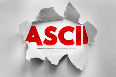 ASCII Amerikan Bilgi Değişimi Standart Kodu metni Yırtık kağıt, dijital teknoloji konsepti ile görünür Veri iletişimi için kullanılan karakter kodlama sistemi