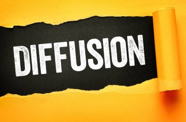 Yırtık kağıt arkaplan üzerine difüzyon metni, parçacık hareketini yüksek konsantrasyondan düşük konsantrasyona, kimya ve biyoloji ilkesine, doğal süreç eğitimini temsil eden bilimsel konsept