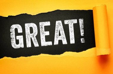 - Harika! Yırtık kağıt arkaplan, güçlü ilham verici mesaj, olumlu doğrulama konsepti, başarı zihniyeti ve teşvik için anlamlı harf tasarımı ile ortaya çıkan cesur motivasyon tipografisi