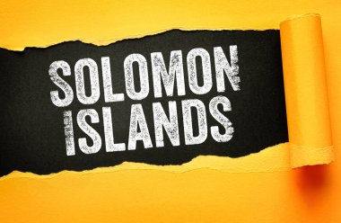 Yırtık kağıt şeritte gösterilen SOLOMON Adaları cesur sıkıntılı harfler, seyahat ve coğrafya kavramı ile ada ulusu kimliği, turizm merkezi, yaratıcı manşet tasarımı vurgulanıyor